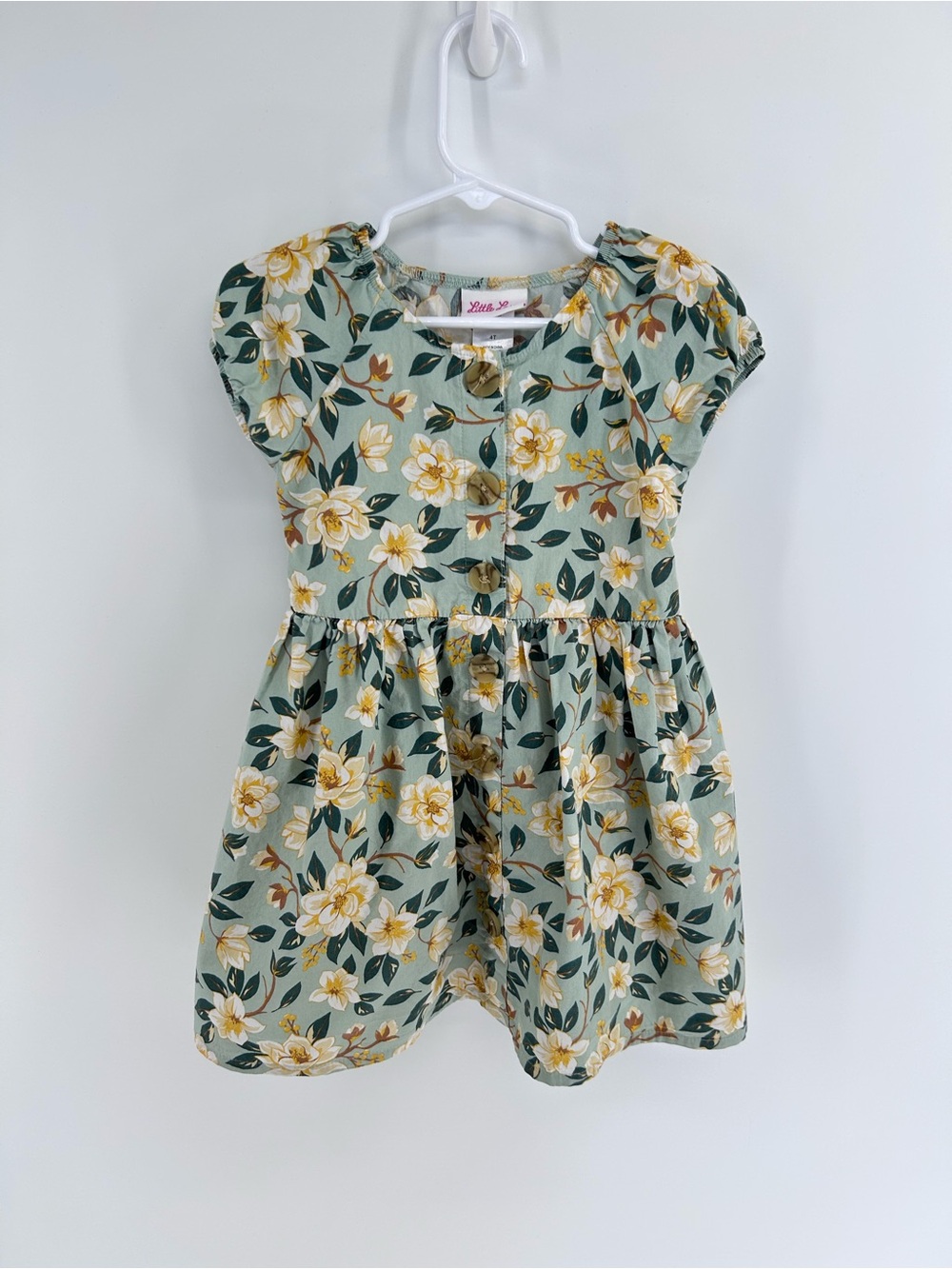 Little Lass Girls Floral Cotton Dress in Sage Green and Yellow - 4T